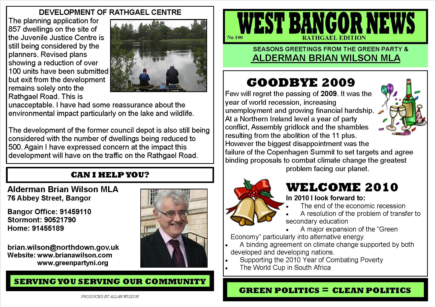West Bangor News (100) - New Year 2010. Brian Wilson North Down Councillor, first Green Party MLA in Northern Ireland