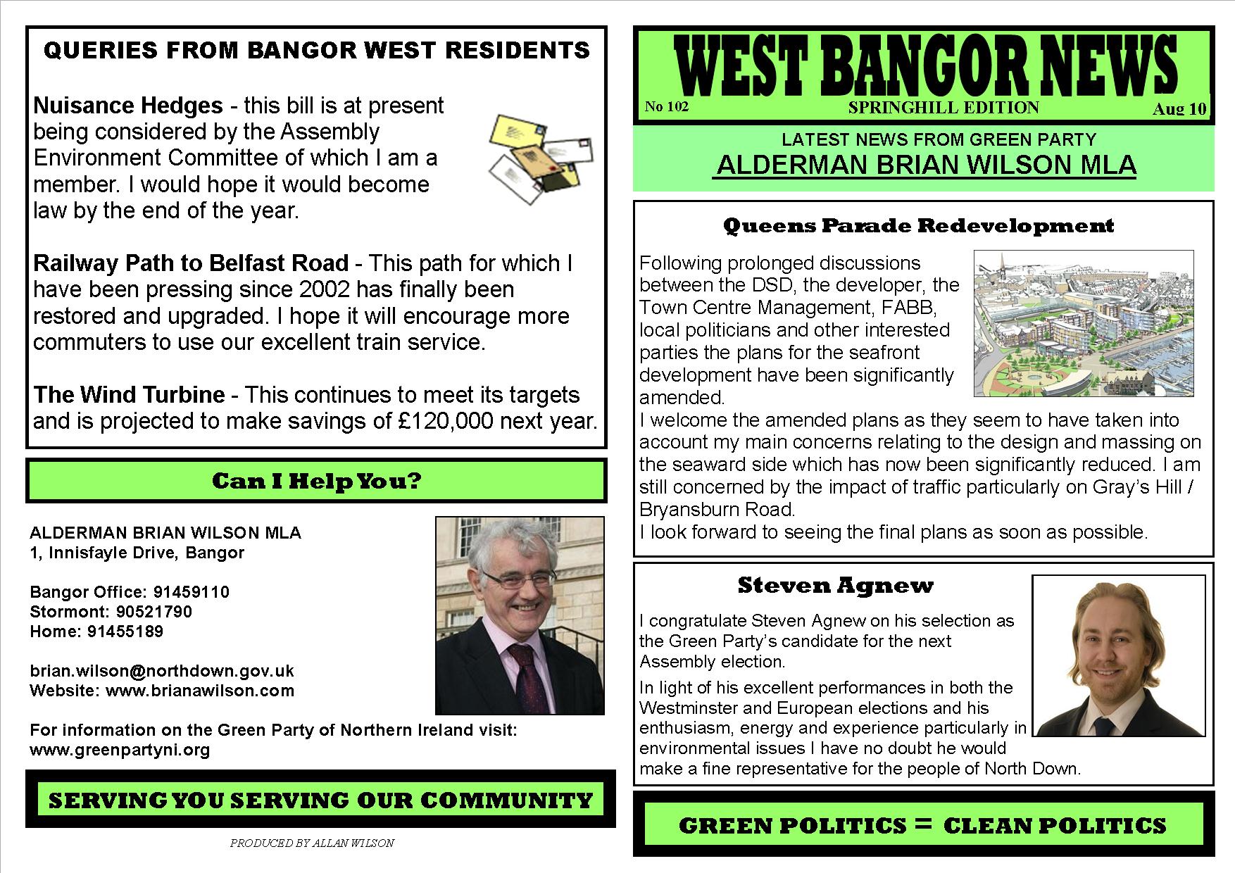 West Bangor News (102) - Summer 2010. Brian Wilson North Down Councillor, first Green Party MLA in Northern Ireland