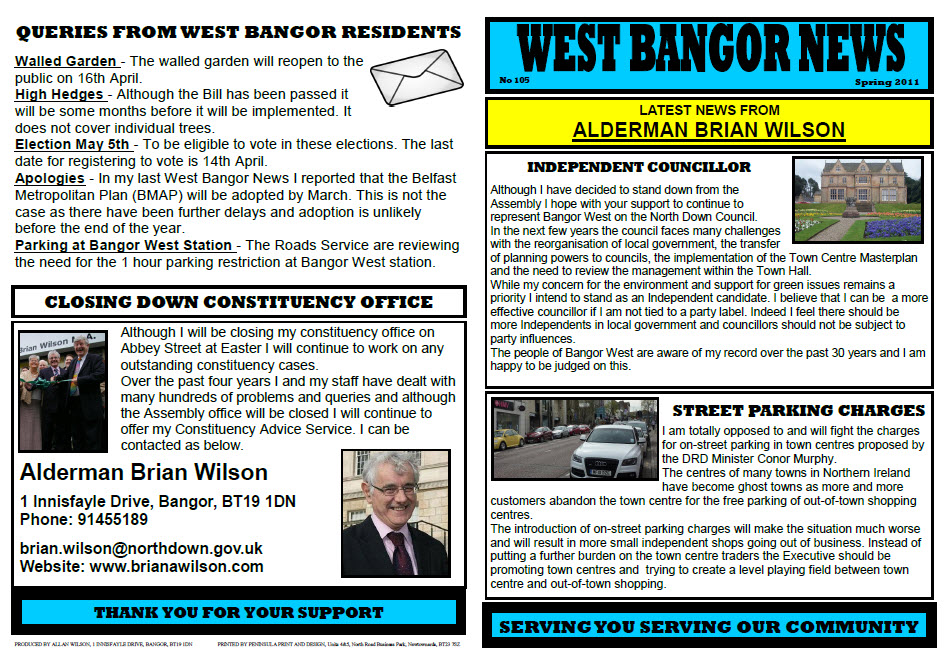 West Bangor News (105) - Spring 2011. Brian Wilson North Down Councillor, first Green Party MLA in Northern Ireland